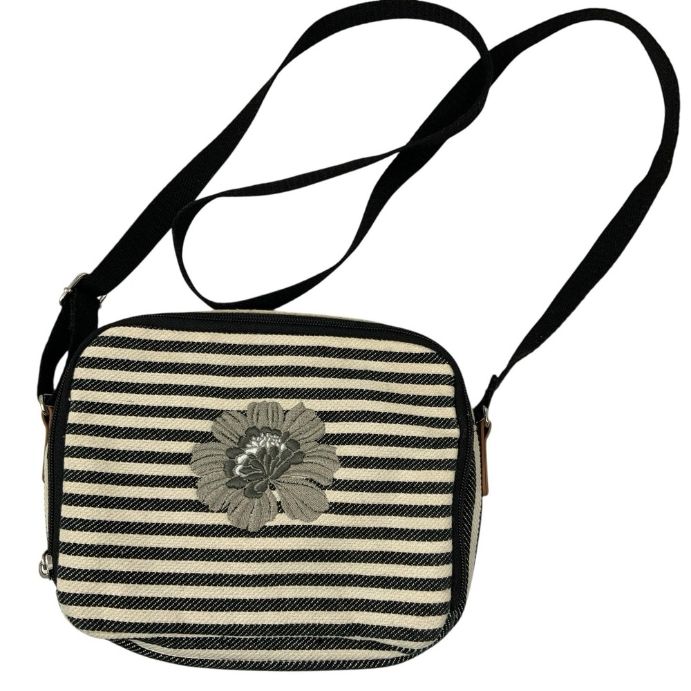 Thirty-One Canvas Crossbody Bag Black White Striped Floral Embroidered Purse